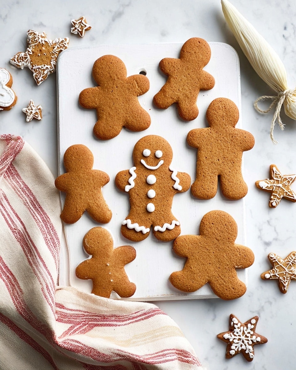 A white wooden board holds seven gingerbread cookies in the shape of people, with one cookie decorated with white icing for eyes, buttons, a smiling mouth, and wavy lines on arms and legs. The cookies vary in size and color from light to dark golden brown, with some crisp edges visible. To the right of the board, there is a white piping bag tied with a string, resting on a white marbled surface. Under the board is a red and white striped cloth with frayed ends. Near the bottom right, there are a few small white and beige star and snowflake-shaped decorations. Photo taken with an iphone --ar 4:5 --v 7
