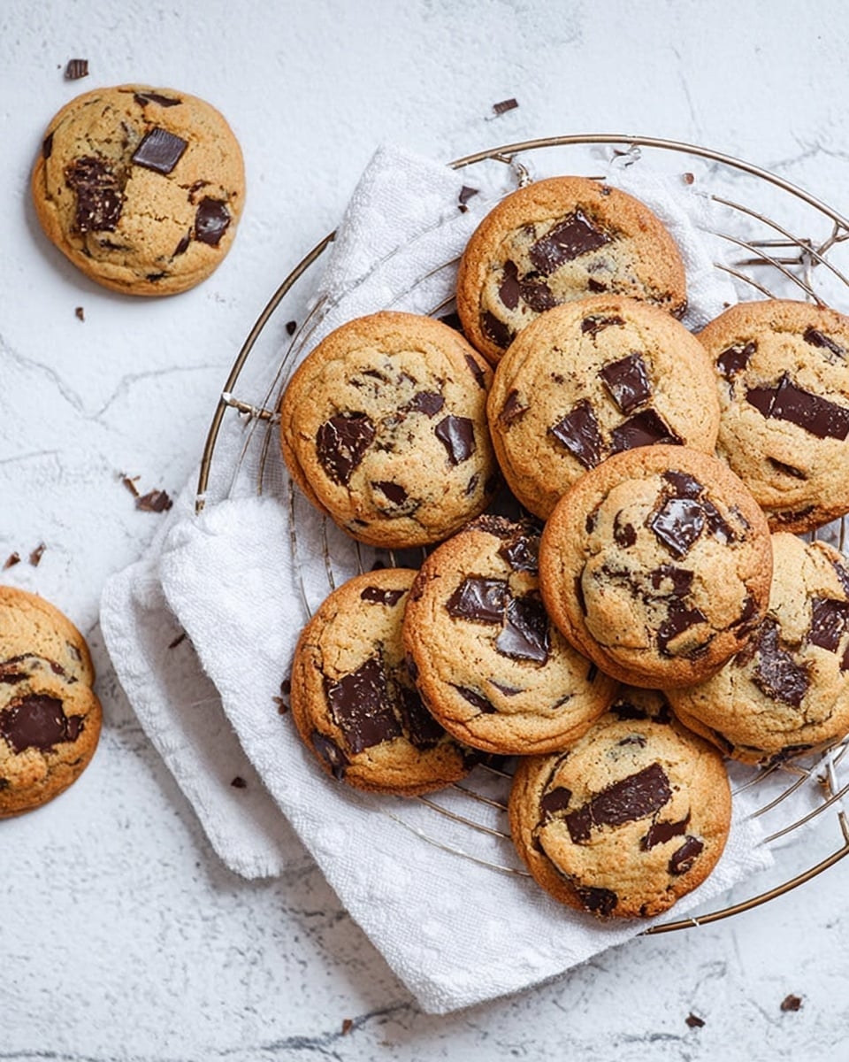 A group of golden brown chocolate chip cookies with visible dark chocolate chunks scattered on top are placed on a round silver cooling rack over a white cloth with gold trim. One cookie is separate on the white marbled surface to the left, and a partial view of another cookie is seen at the bottom. The cookies are slightly puffy with a soft texture and slightly darker edges. Photo taken with an iphone --ar 4:5 --v 7