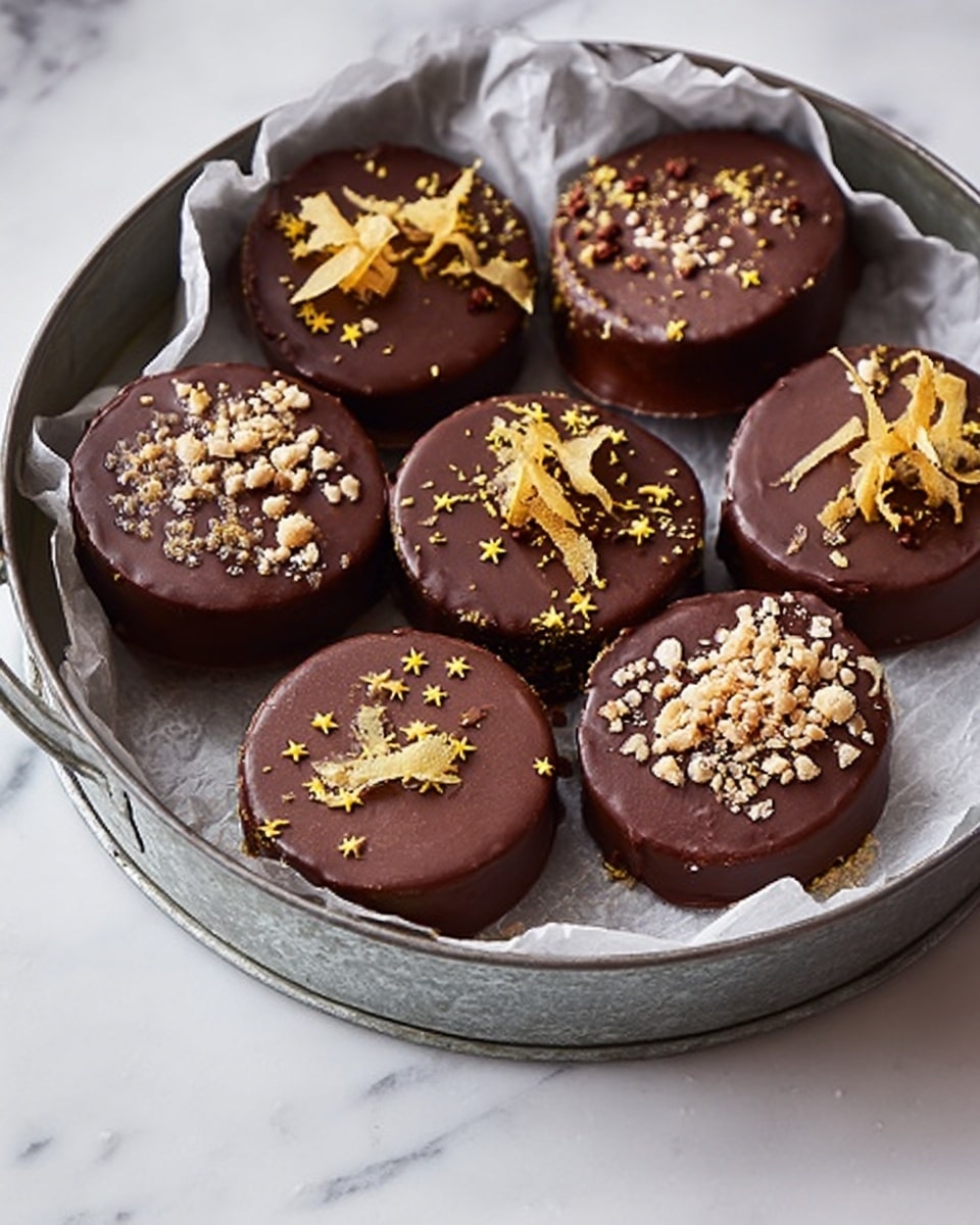 The image shows a metal tray lined with crumpled paper holding nine round chocolate-covered treats. Each treat has a thick, smooth dark brown chocolate layer on top, decorated with small yellow star-shaped sprinkles. Some treats are topped with light yellow curled chocolate shavings, while others have small clusters of crushed nuts or cocoa nibs. The tray sits on a white marbled surface. photo taken with an iphone --ar 4:5 --v 7