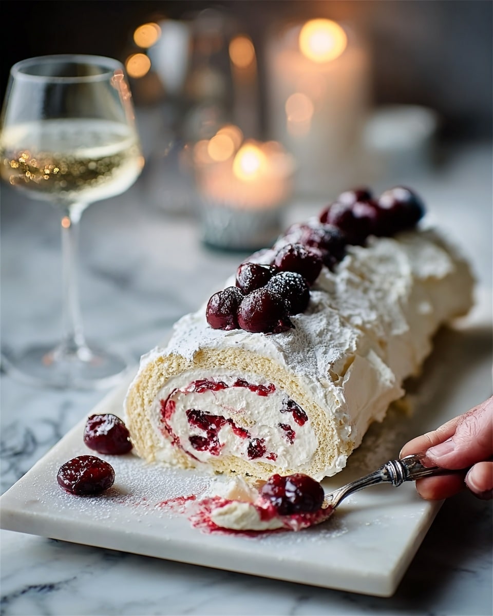 A long, rolled dessert rests on a rectangular white plate on a white marbled surface. The outer layer is a light, cracked meringue with a rough texture. Inside, there is a thick, creamy white filling, swirled with bright red berry sauce that adds a glossy, smooth contrast. On top of the roll, there is a line of dark, shiny whole cherries and dollops of cream, giving a rich look. A slice is cut from the roll, showing the layers clearly from the top of the meringue to the red sauce swirl inside. Nearby, a glass and a vintage knife with some berry sauce on it add to the scene. The background is softly lit with gold candlelight. photo taken with an iphone --ar 4:5 --v 7