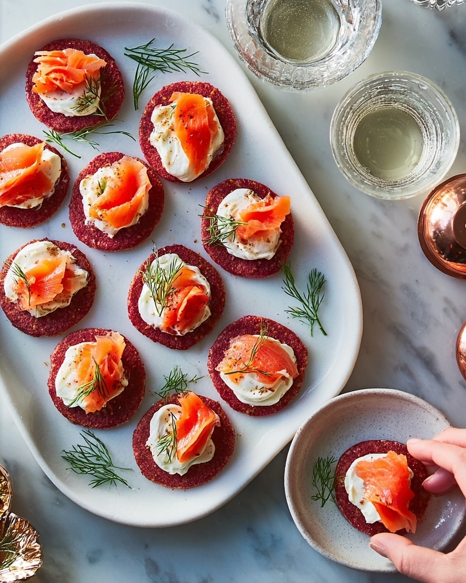 This image shows small red flatbread rounds arranged neatly on large white plates with a white marbled background. Each flatbread round has two layers: the base layer is the red, slightly rough-textured flatbread, while the top layer varies between a dollop of thick white cream and a piece of light orange salmon with a sprig of green dill on top. There are also two clear drinking glasses partly visible, and a woman's hand is seen holding one flatbread on the edge of a white plate. The whole scene is bright and clean with a simple, fresh look. photo taken with an iphone --ar 4:5 --v 7