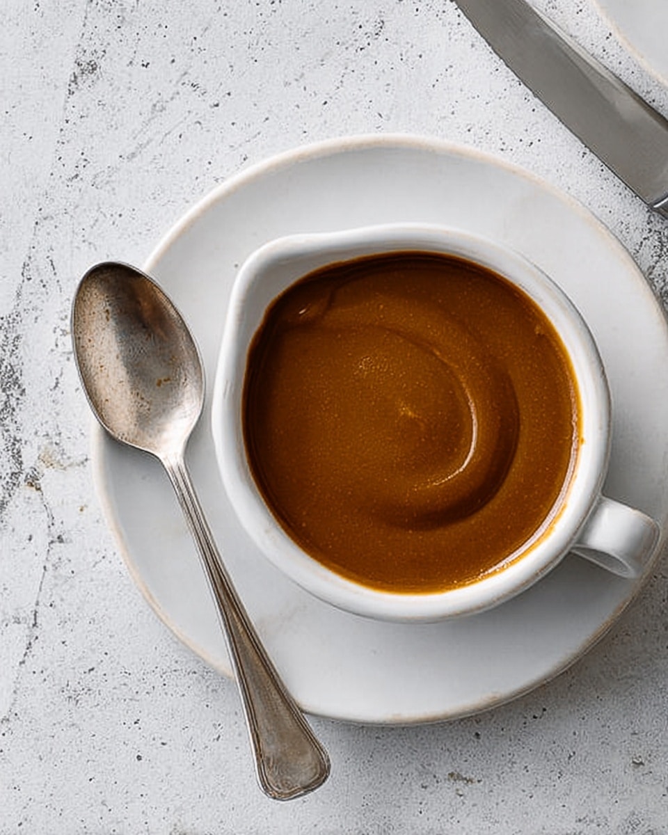 The image shows a small white sauce boat filled with smooth, rich brown sauce. The sauce has a thick and creamy texture, swirled gently in the container. The sauce boat is placed on a matching white round plate, and a silver spoon with a slightly worn look lies next to it. The whole setup rests on a white marbled surface, giving a clean and elegant feel. Photo taken with an iphone --ar 4:5 --v 7