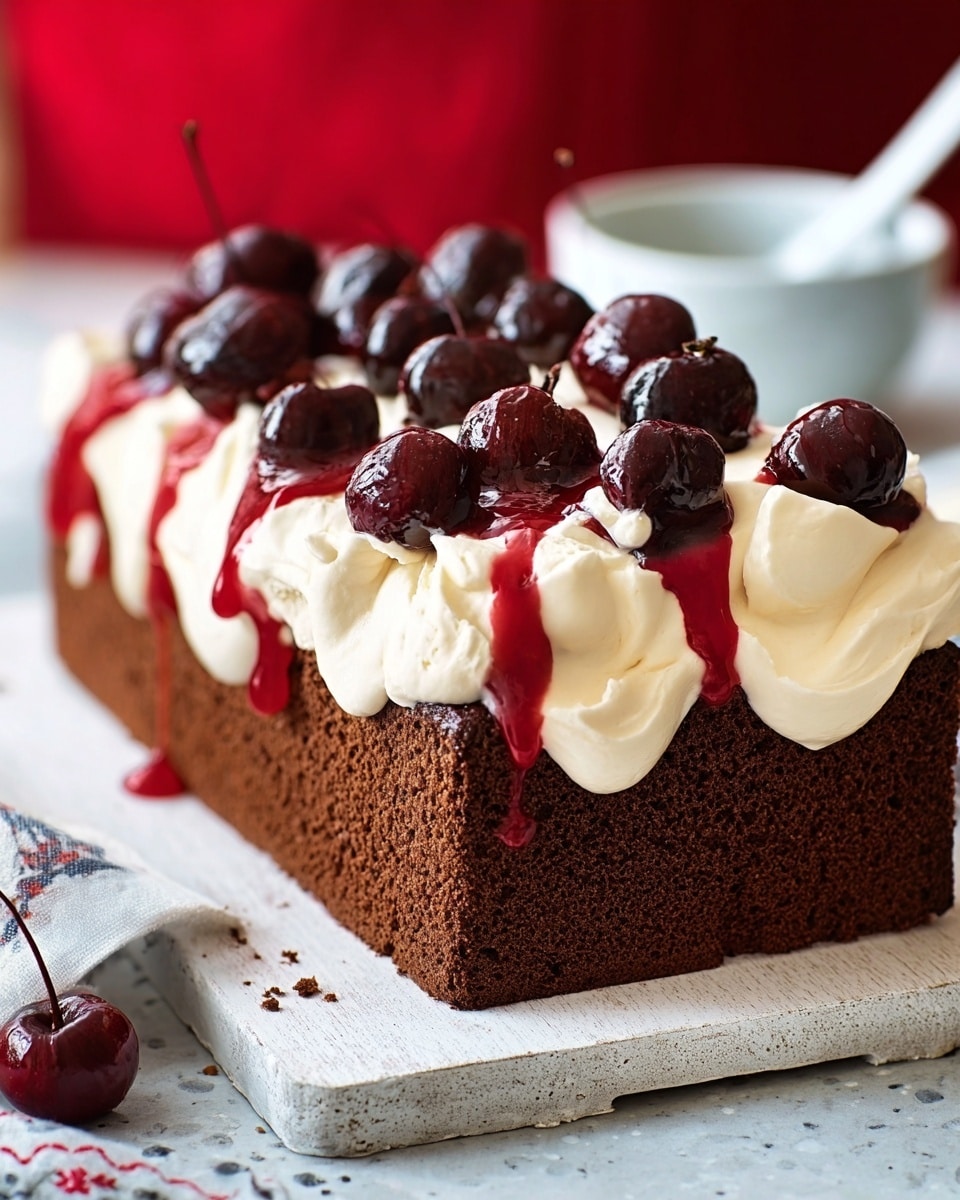 A rectangular chocolate cake with a thick, dark brown base layer, topped with a thick layer of light cream that is fluffy and smooth. On top of the cream are several dark red cherries scattered across, with bright red juice dripping down the cream and the sides of the cake. The cake sits on a white wooden board. In the background is a blurred white marbled surface with a red and white bowl and a wooden decorative tree on the right side of the cake. photo taken with an iphone --ar 4:5 --v 7