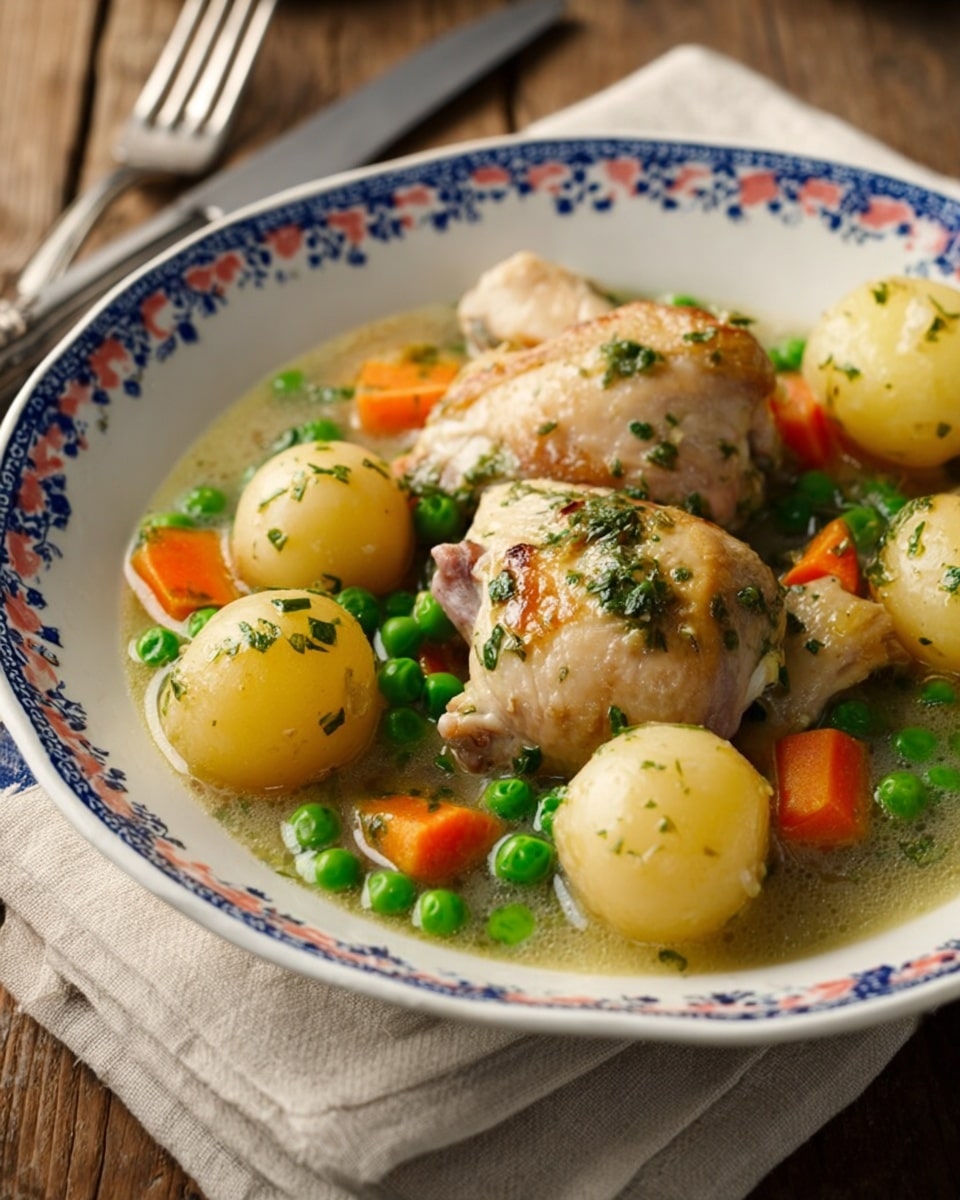 The image shows a plate with two pieces of cooked chicken on top, surrounded by small round potatoes, orange carrot slices, and green peas in a light broth. The chicken pieces have a soft, slightly browned texture with small green herb bits sprinkled on them. The potatoes are smooth and pale yellow, the carrots bright and slightly glossy, and the peas are small and vibrant green. All items sit in a thin, clear broth with tiny herbs visible in it. The plate is white with blue and red floral patterns around the rim, placed on a beige cloth over a wooden surface. A fork with a wooden handle is seen on the right side. Photo taken with an iphone --ar 4:5 --v 7