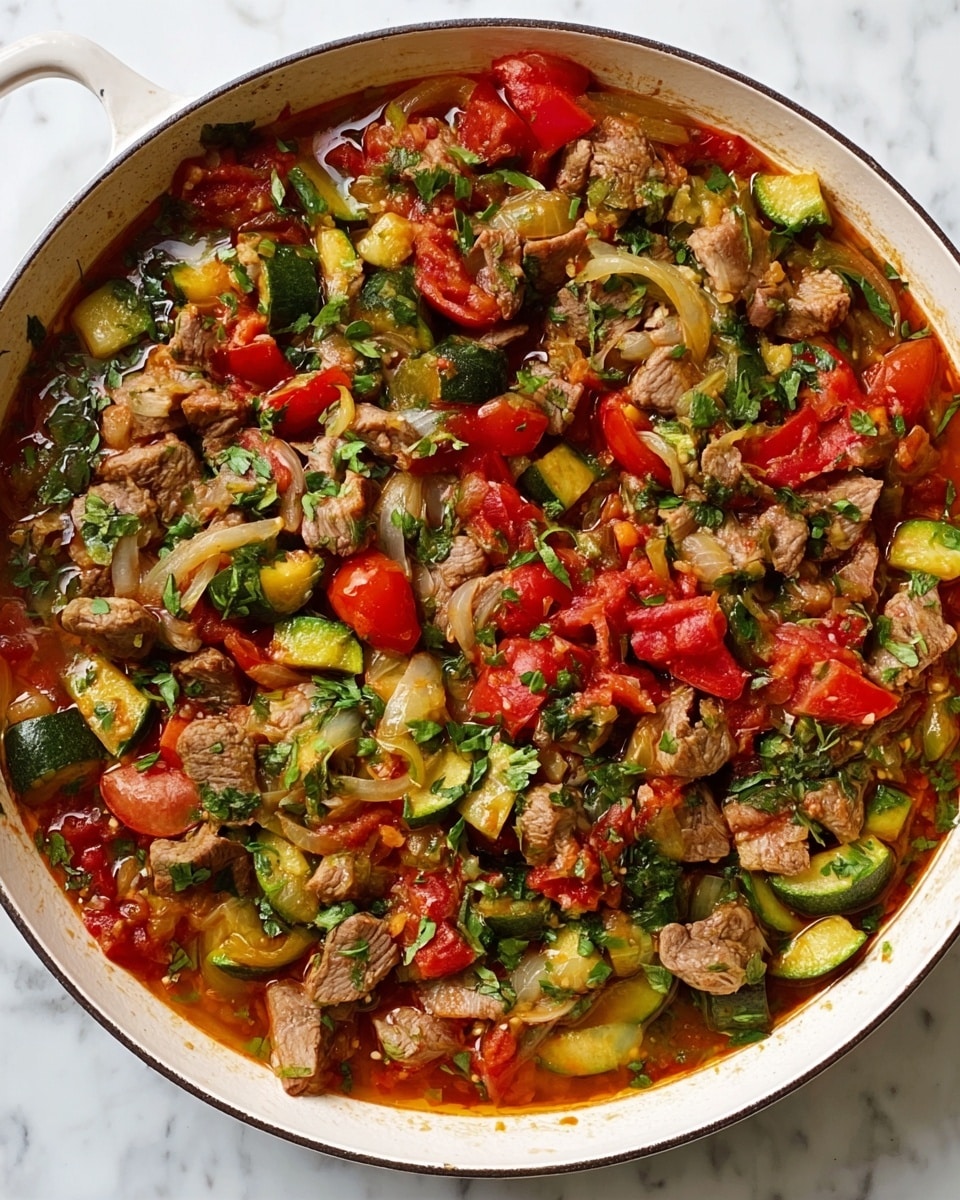 The image shows a large white pan filled with a colorful stew. The stew has chunks of light brown cooked meat scattered evenly throughout. There are many pieces of vegetables including red tomatoes, yellow and green zucchini, and translucent cooked onions mixed together. The stew has a light sauce with some green herbs sprinkled on top, adding texture and freshness. The pan sits on a white marbled surface. Photo taken with an iphone --ar 4:5 --v 7