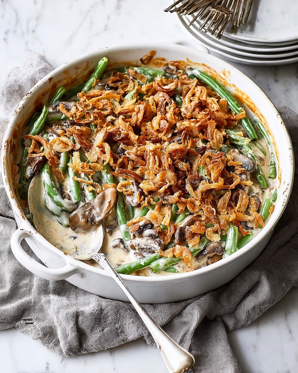 A round white ceramic baking dish holds a creamy green bean casserole. The bottom layer is a smooth, creamy white sauce mixed with tender green beans and sliced mushrooms in shades of green and brown. On top, a thick layer of crispy golden-brown fried onions covers the casserole unevenly, adding texture and color contrast. The dish rests on a light gray cloth on a white marbled surface, with a metal spatula with a worn gray handle placed next to it and a stack of white plates with gray napkins and silver forks visible in the top left corner. photo taken with an iphone --ar 4:5 --v 7
