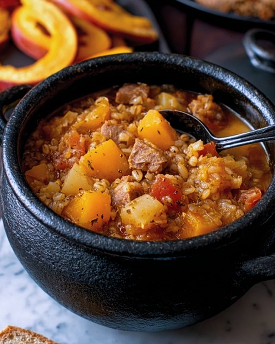 A black, round pot with three horizontal ridges holds a chunky stew made of beef, orange and yellow cubed vegetables, and red pieces of peppers. A black metal spoon rests inside the pot, submerged in the stew, showing the mix of soft meat and slightly tender vegetables. The pot sits on a wooden surface with some crumbs visible nearby, suggesting a rustic setting. photo taken with an iphone --ar 4:5 --v 7