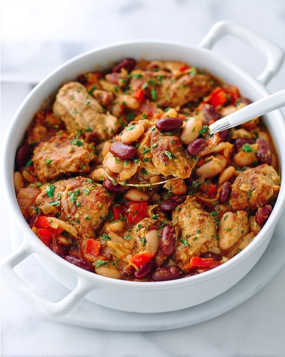 A white bowl filled with a rich chicken stew featuring several pieces of cooked chicken, including drumsticks and thighs, resting on top of a thick base layer made of mixed beans in dark red and pale beige colors along with diced red bell peppers and onions. The chicken is covered with a finely chopped green herb garnish, adding a fresh contrast to the warm tones of the dish. The stew looks tender and juicy with visible bits of tomato and spices mixed throughout. A white spoon is placed inside the bowl on the right side, ready to serve. The bowl is set on a white marbled surface with a calm and clean background. Photo taken with an iphone --ar 4:5 --v 7