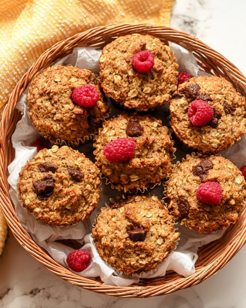 A round wicker basket filled with two layers of golden brown oatmeal muffins, each muffin topped with visible oats giving a rough, chunky texture; some muffins have a few dark chocolate chips scattered on top, while others are garnished with a single bright red raspberry or light brown apple pieces, showing slight variations in topping; the basket contains nine muffins arranged closely together, sitting on a white marbled surface with a yellow and white checkered cloth partly visible in the background. photo taken with an iphone --ar 4:5 --v 7