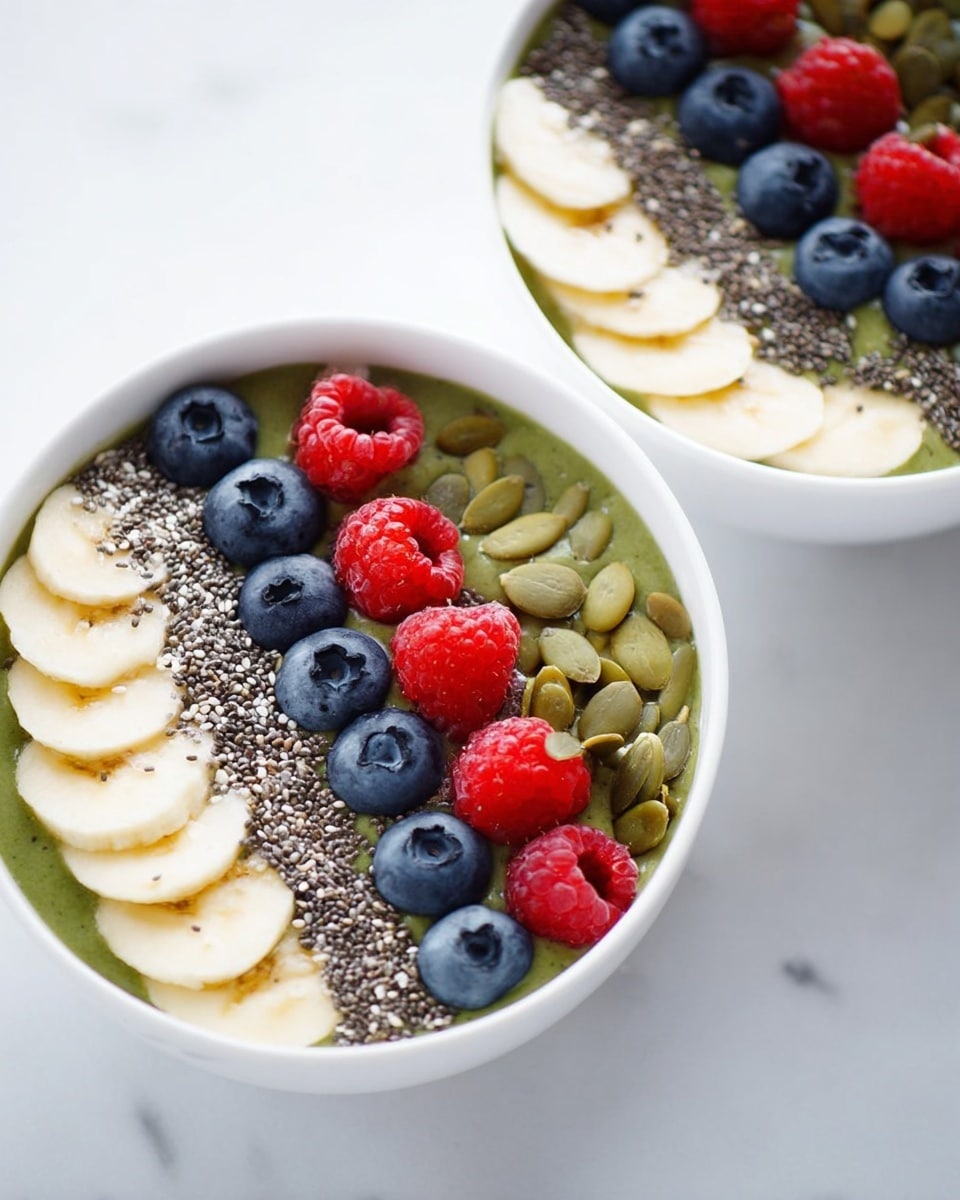 Two white bowls sit on a white marbled surface filled with a green smoothie base as the first layer. On top, there are five slices of light yellow banana arranged in a curve along one side. Next to the bananas, there is a neat stripe of small, dark brown chia seeds. Beside the chia seeds, there is a small pile of green pumpkin seeds with a smooth texture. Near the pumpkin seeds, there are several fresh, plump blueberries that are deep blue with a shiny surface. Finally, three bright red raspberries with a bumpy texture complete the topping in each bowl, placed opposite to the banana slices. The photo is taken with an iphone --ar 4:5 --v 7