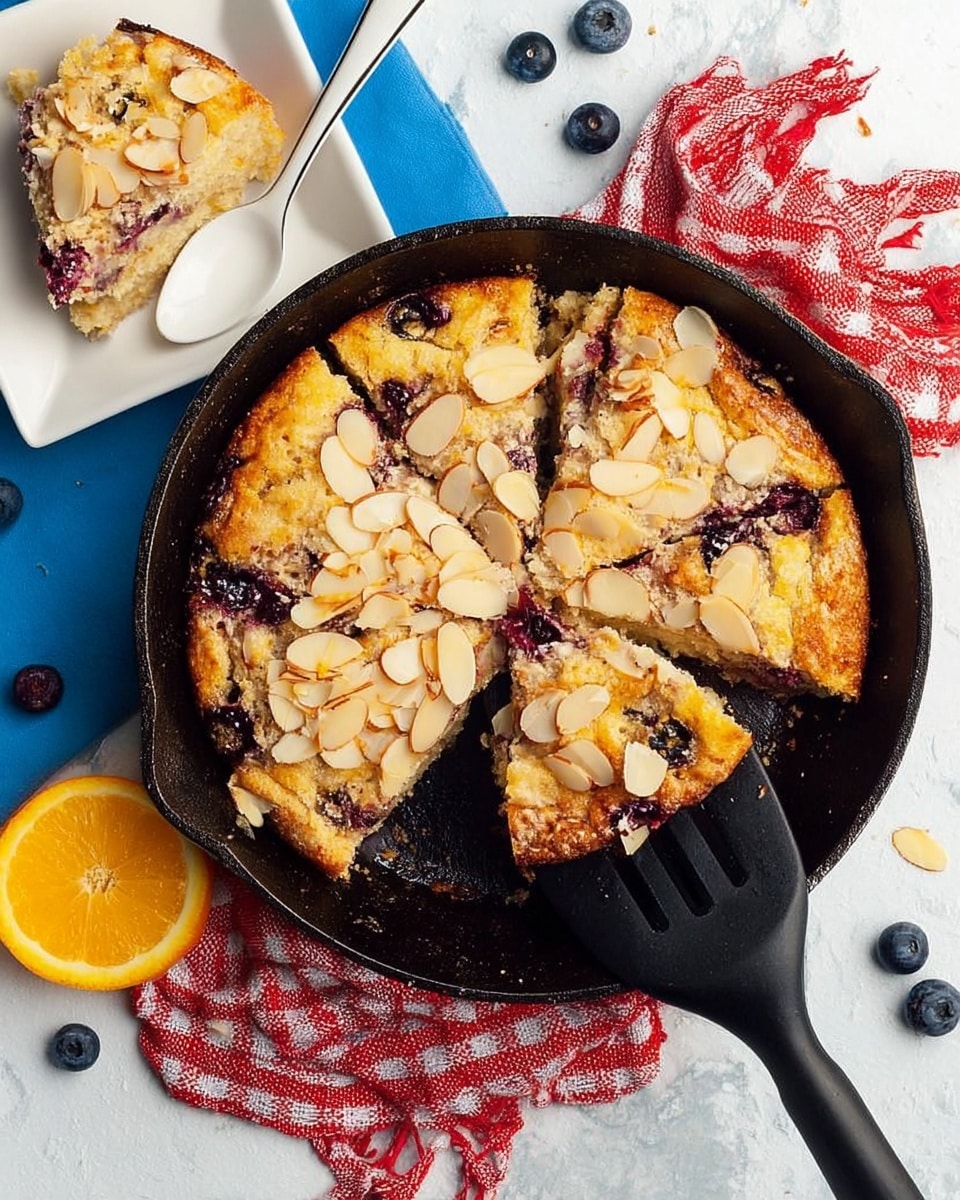 A round cast iron skillet filled with a baked dish topped with light brown toasted coconut flakes. The dish has three visible layers: a golden baked top with scattered toasted coconut, a middle layer with a crumbly brownish topping mixed with melted cheese, and a bottom layer with baked berries showing through slightly. A black spatula is lifting out a slice from the center, revealing the texture inside. The skillet rests on a white cloth with red stripes over a white marbled surface. Next to the skillet, there are scattered blueberries, a bright orange slice, and a white square plate with a portion of the same dish containing purple berries, with a woman's hand holding a fork. photo taken with an iphone --ar 4:5 --v 7