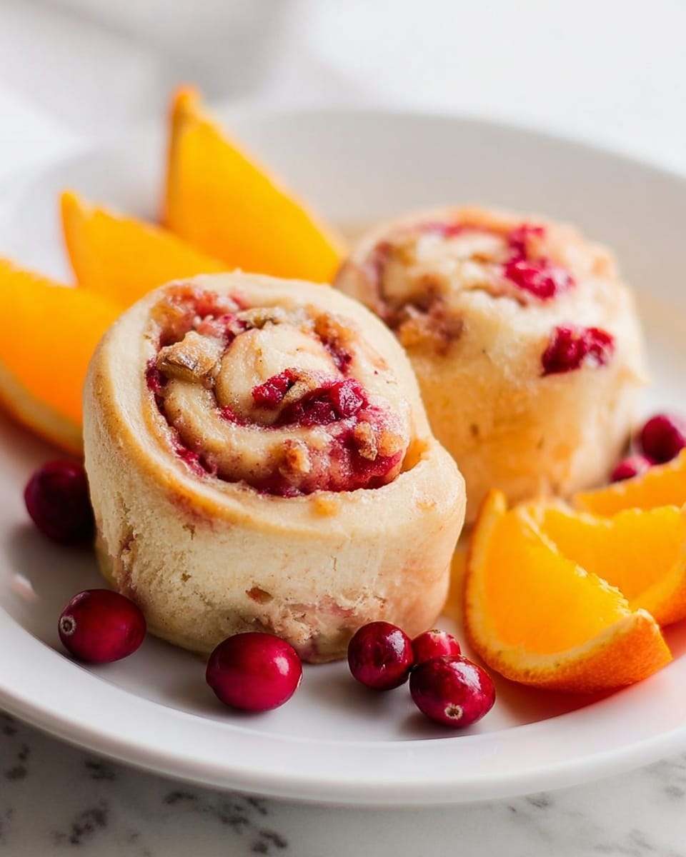 Two soft, light brown cinnamon rolls with visible swirls of red cranberries are placed on a white plate. The rolls have a slightly shiny glaze on top, adding a gentle gloss. Around the rolls, there are bright orange segments and whole red cranberries, resting on a light amber syrup that pools at the bottom of the plate. The plate is set on a white marbled surface, giving a clean and bright background. photo taken with an iphone --ar 4:5 --v 7