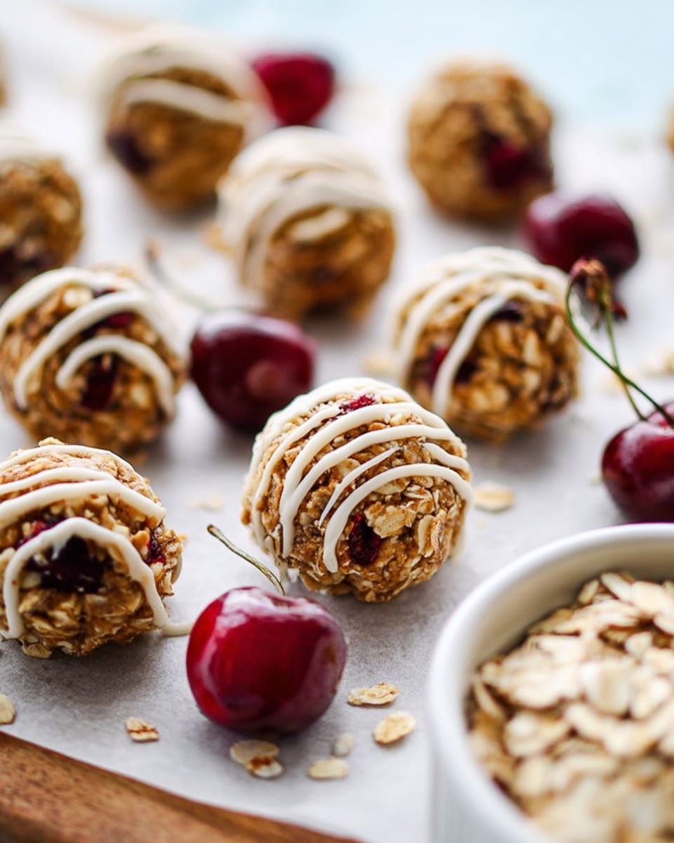 The image shows several round oatmeal balls placed on white parchment paper over a white marbled surface. Each ball is light brown with a rough, textured surface made from oats, and contains visible pieces of dark red fruit inside. They are topped with thin white lines of drizzle that add a contrasting smooth finish. In the background, there is a white bowl filled with raw oatmeal flakes and a ripe, dark red cherry with a green stem resting nearby. The light and focus highlight the texture and color contrasts clearly, making the balls look fresh and homemade. photo taken with an iphone --ar 4:5 --v 7