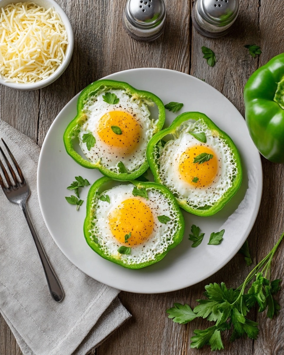 A white plate holds three fried eggs, each cooked inside a green bell pepper ring forming the outer layer. The eggs have bright yellow yolks in the center with smooth white cooked egg whites filling the pepper rings, and each yolk is topped with small green parsley leaves and black pepper specks. The plate sits on a wooden surface with a light gray cloth napkin on the left side, a silver fork on the right, and a small white bowl filled with shredded cheese nearby. Fresh green parsley, salt, and pepper shakers are also visible. The setting is neat and simple with natural textures. photo taken with an iphone --ar 4:5 --v 7