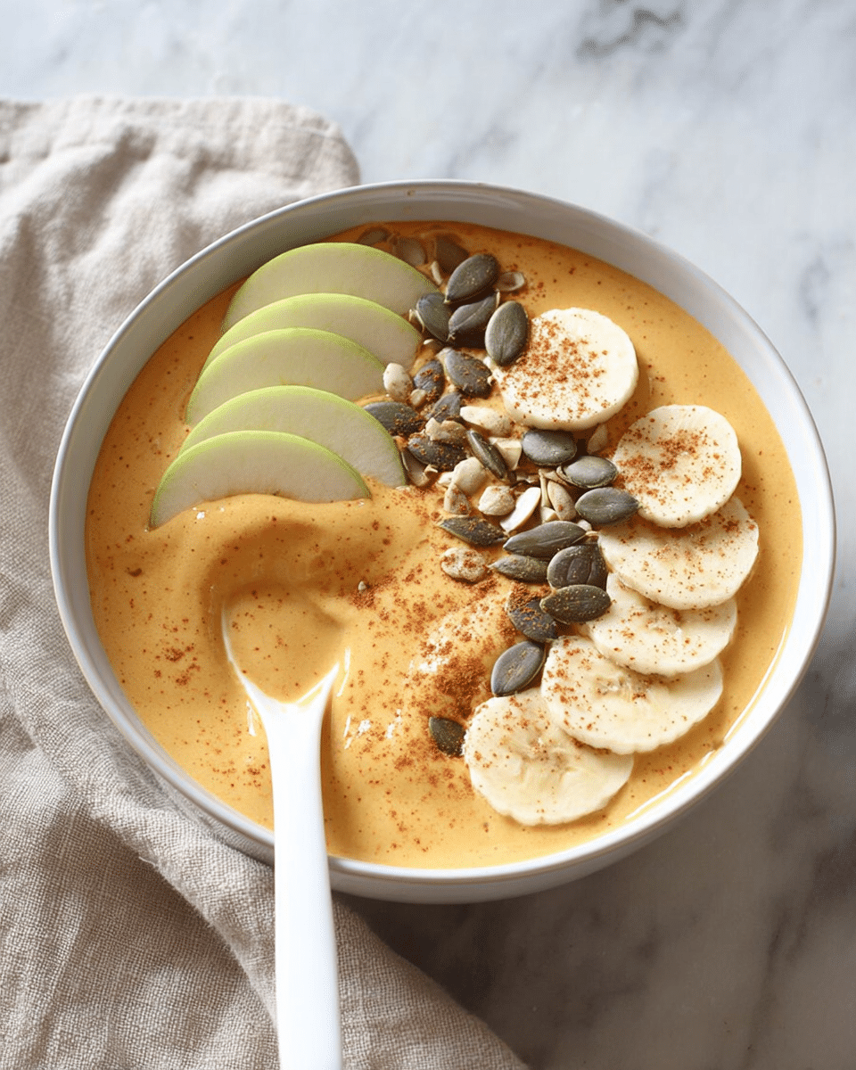 A white bowl filled with a smooth, creamy, light orange smoothie base. On top, there are three main layers of toppings: thin pale green apple slices arranged in a curved row near the edge, shining light beige banana slices in a neat curved row parallel to the apples, and a mix of dark green pumpkin seeds and white sunflower seeds sprinkled between the fruit rows. There is a soft dusting of light brown powder over the banana slices. A white spoon with the same orange smoothie is resting on the bowl, partially inside. The bowl sits on a white marbled surface beside a folded beige cloth. Photo taken with an iphone --ar 4:5 --v 7
