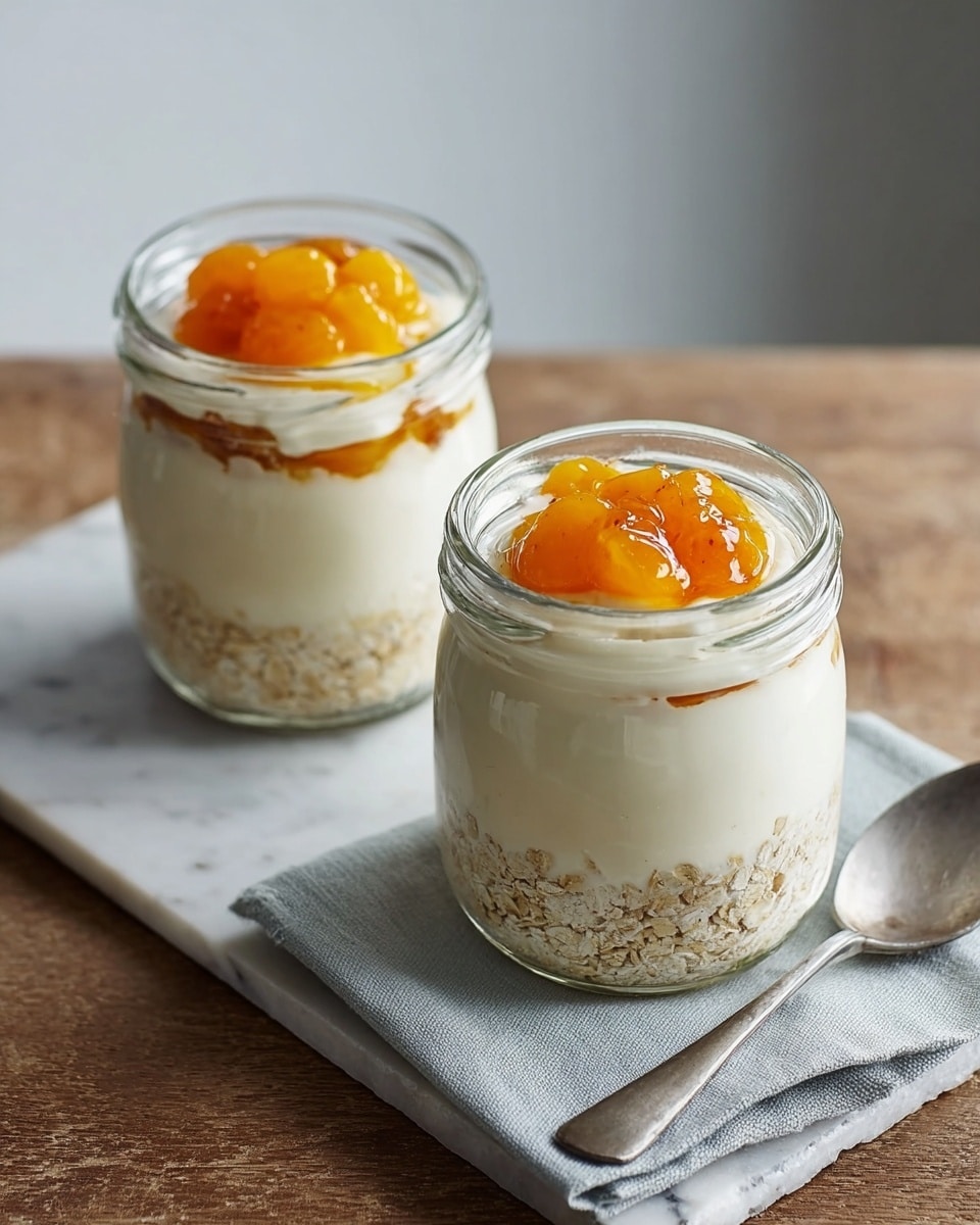 Two glass jars each contain three visible layers: the bottom layer is a creamy beige porridge with a slightly coarse texture, the middle layer is smooth and thick white cream, and the top layer is a glossy bright orange fruit compote with small chunks. The jars sit side by side on a light gray cloth placed over a wooden surface, with a shiny silver spoon resting next to each jar. The background is a white marbled texture. photo taken with an iphone --ar 4:5 --v 7