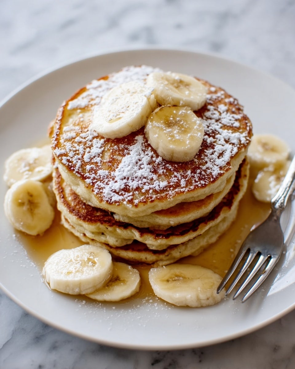 A stack of five golden brown pancakes sits in the center of a white plate on a white marbled surface. The pancakes have a slightly crispy edge with a soft, fluffy texture inside. On top of the stack are three banana slices dusted lightly with powdered sugar. More banana slices surround the base of the stack, sitting in a glossy pool of amber syrup. A shiny silver fork rests diagonally on the right side of the plate. photo taken with an iphone --ar 4:5 --v 7