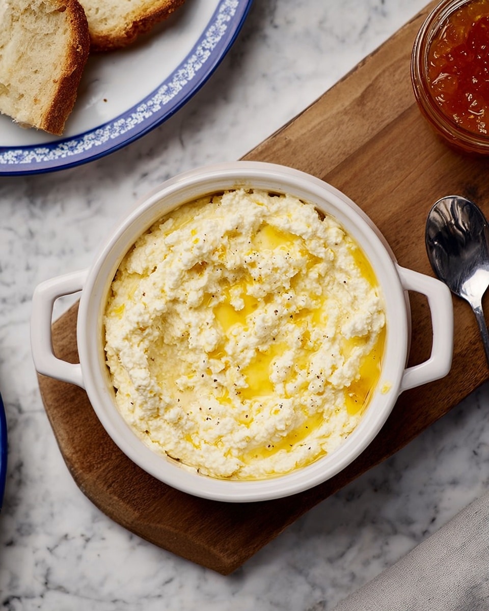A white ceramic bowl with handles filled with a creamy, pale yellow mixture that has a slightly chunky texture, placed on a dark wooden board. The mixture shows a marbled look with lighter creamy parts and melted yellow butter swirls on top. To the left, a white plate with a blue rim has a piece of bread spread with the same creamy mixture. A small metal spoon is placed next to the bowl on a white marbled surface, and a glass jar with an orange-colored spread and a metal lid is seen to the top right on the wooden board. photo taken with an iphone --ar 4:5 --v 7