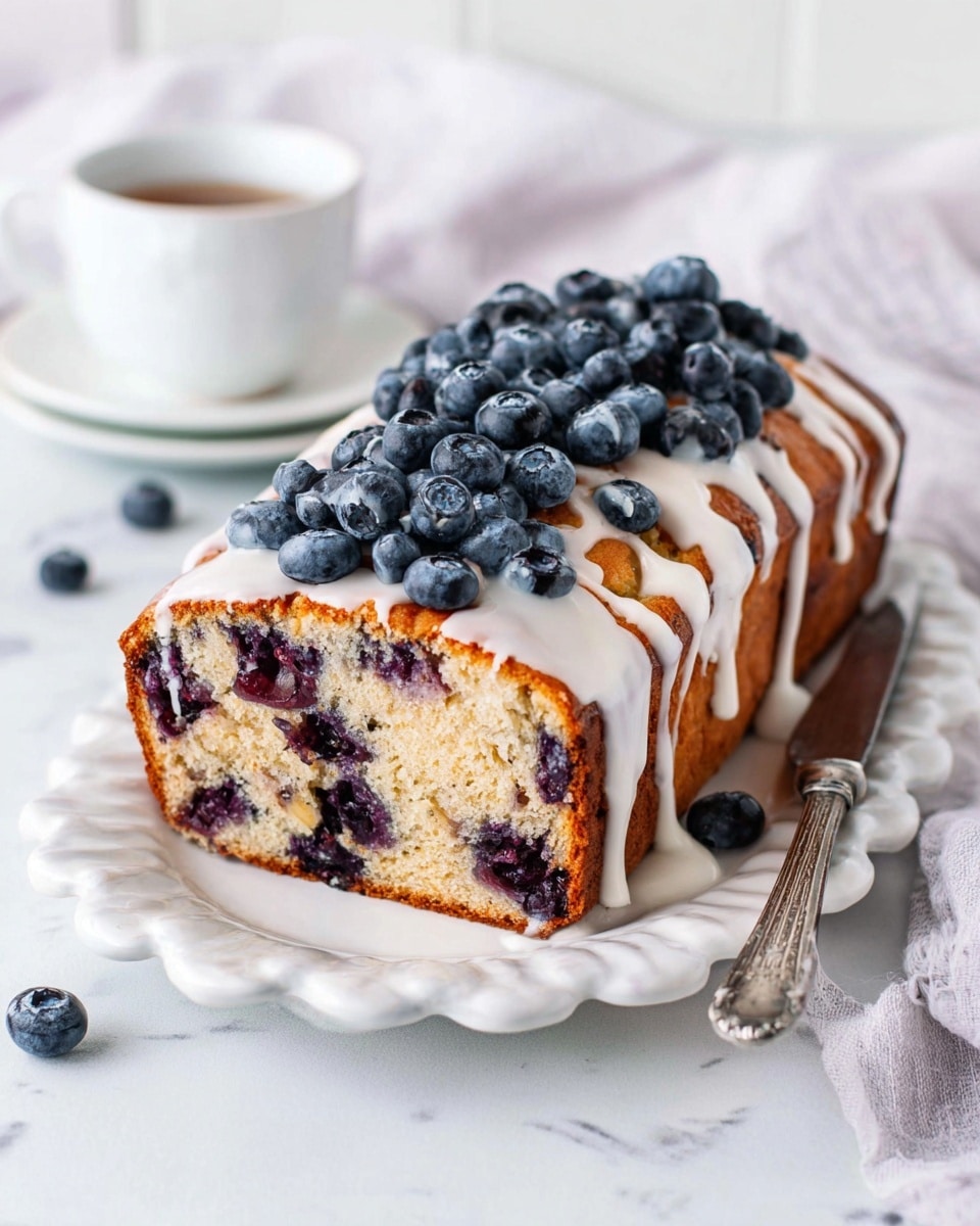 A loaf of blueberry bread sits on a white plate with scalloped edges; the bread has one slice cut and lying flat in front of it. The bread is golden brown outside, with a thick drizzle of white icing over the top, and fresh blueberries scattered on the icing. Inside, the bread is light beige with many dark purple blueberries distributed evenly in three visible layers. A white-handled knife rests on the plate next to the bread. The scene is set on a white marbled surface with white lace fabric and a white cup with saucer blurred in the background. photo taken with an iphone --ar 4:5 --v 7