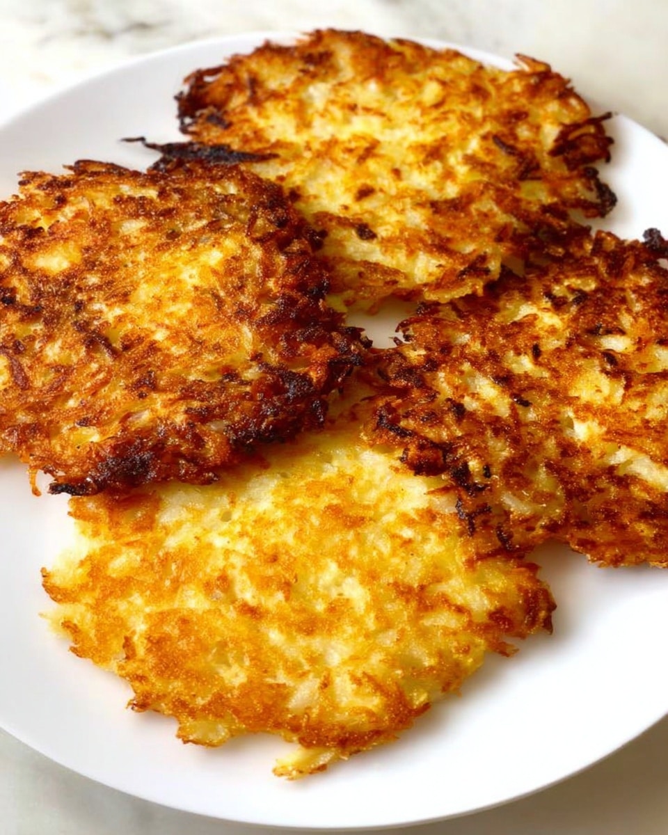Four golden brown, crispy potato pancakes with uneven edges are placed on a white plate. Each pancake shows a mix of light and darker browns indicating a crunchy texture, with some areas slightly charred for added crispiness. The pancakes are spread out, slightly touching each other, allowing their rough, shredded potato surface to be visible. The plate rests on a white marbled surface. photo taken with an iphone --ar 4:5 --v 7