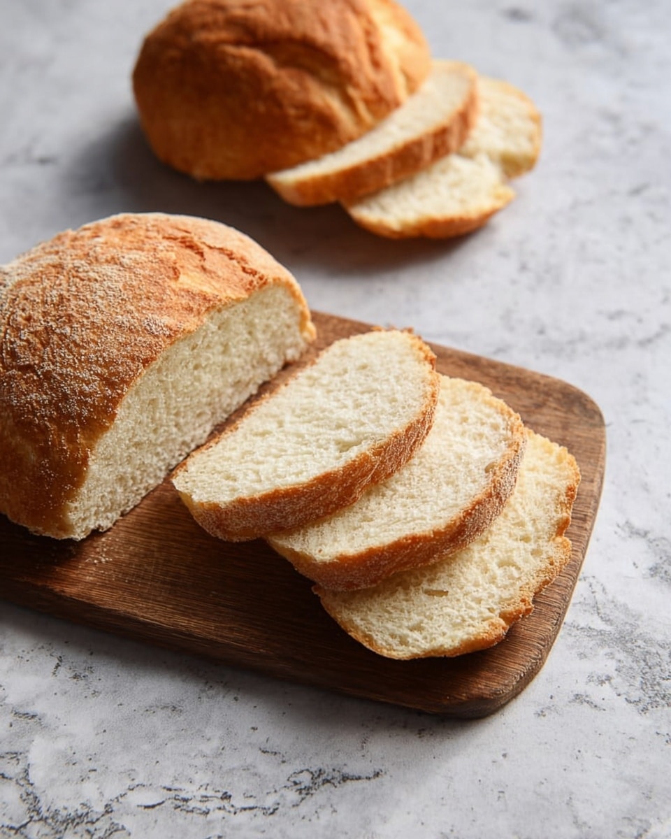 A wooden cutting board on a white marbled surface holds a round loaf of bread with a golden brown crust and soft, pale inside. The loaf is sliced into five thick pieces, showing a porous and airy texture within. Another full round loaf sits nearby, slightly out of focus. The bread has a rough and crunchy crust with a warm, light brown color. Photo taken with an iphone --ar 4:5 --v 7