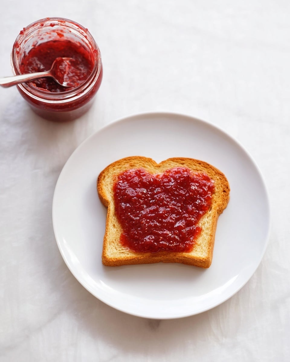 A white plate holds one slice of golden-brown toasted bread centered with a thick, glossy layer of dark red jam spread unevenly across the top. To the upper left of the plate, a glass jar filled with the same dark red jam and a metal spoon inside is partially visible. The scene is set against a white marbled textured surface, with a few small crumbs scattered near the toast. photo taken with an iphone --ar 4:5 --v 7