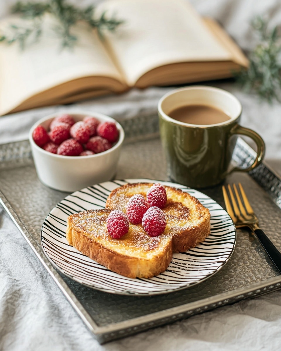 A white plate with thin black diagonal lines holds a thick slice of golden brown toast topped with a light yellow spread and five red raspberries, with a dusting of white powdered sugar on top. To the left, a small white bowl is filled with more fresh red raspberries. Behind the plate, there is a dark green mug filled with a hot brown drink. The tray beneath everything is silver, lying on a gray cloth with white stripes. An open book with blurry text and green sprigs is in the background. A black and gold fork is placed to the right of the white plate on the tray. photo taken with an iphone --ar 4:5 --v 7