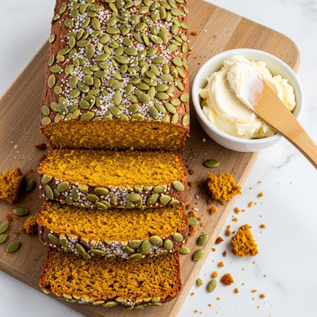 The image shows a loaf of pumpkin bread with a golden-orange color, topped with a thick layer of seeds and a sprinkling of sugar on top. Three slices of the bread, showing a soft and moist texture with some seeds inside, are placed beside the loaf on a wooden cutting board. Next to the bread is a white bowl filled with creamy, off-white spread and a dark wooden spreading knife resting on the edge. The background surface is a white marbled texture. photo taken with an iphone --ar 4:5 --v 7