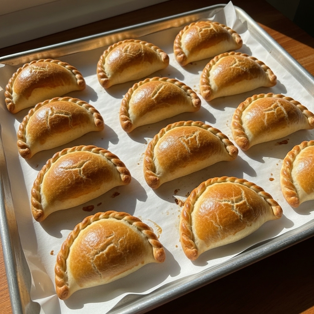 The image shows a silver baking tray filled with 14 golden-brown empanadas arranged in four rows; each empanada has a half-moon shape with a braided edge and a slightly shiny, golden top from an egg wash. The empanadas sit on white parchment paper, and the scene is lit by warm sunlight coming through a nearby window, casting soft shadows and highlighting the flaky, textured dough. The tray rests on a wooden surface with a visible grain pattern. photo taken with an iphone --ar 4:5 --v 7