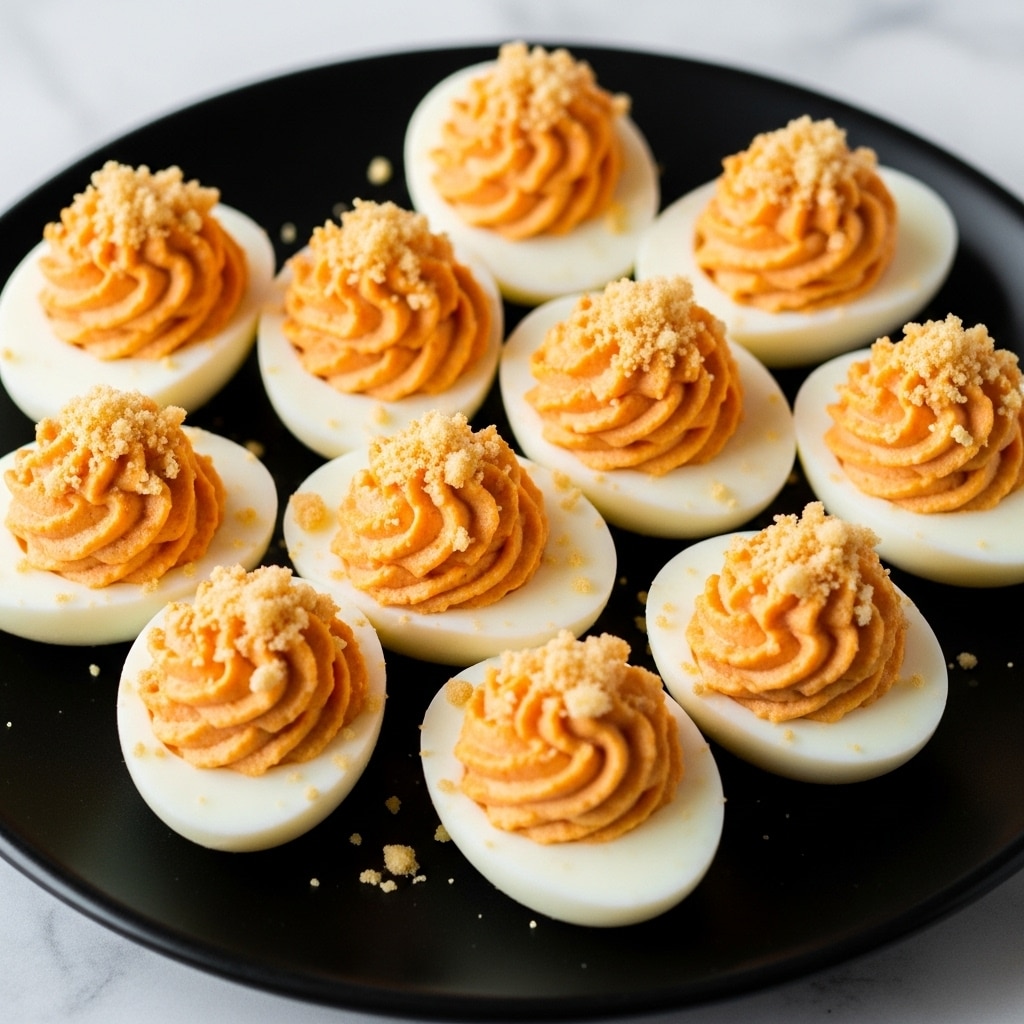 The image shows nine halved boiled eggs with a creamy, light orange filling inside each egg white half. The filling layer is slightly rough in texture and topped with small, crushed yellowish crumbs. The eggs are placed in an irregular pattern on a smooth black square plate, which sits on a surface with a white marbled texture. The arrangement shows the eggs from an angle, with the closest eggs appearing larger and the focus softly blurring towards the back. photo taken with an iphone --ar 4:5 --v 7