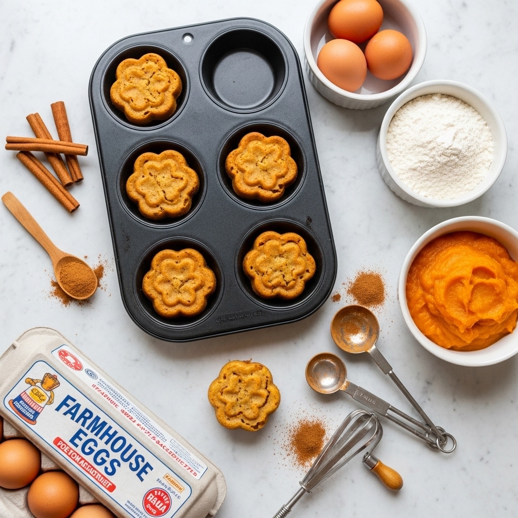 A black flower-shaped muffin pan with five golden brown muffins inside and one muffin on a white marbled surface below it, next to a white bowl filled with brown eggs, a white bowl full of white flour, and a white bowl containing smooth orange pumpkin puree. There is a wooden spoon holding brown cinnamon powder placed near a bundle of cinnamon sticks on the left side. A carton of farmhouse brown eggs is positioned in the bottom left corner. On the right side, there are silver measuring spoons, some filled with brown spices, and an old-fashioned hand-crank egg beater. The whole scene is set on a white marbled surface with soft lighting. photo taken with an iphone --ar 4:5 --v 7