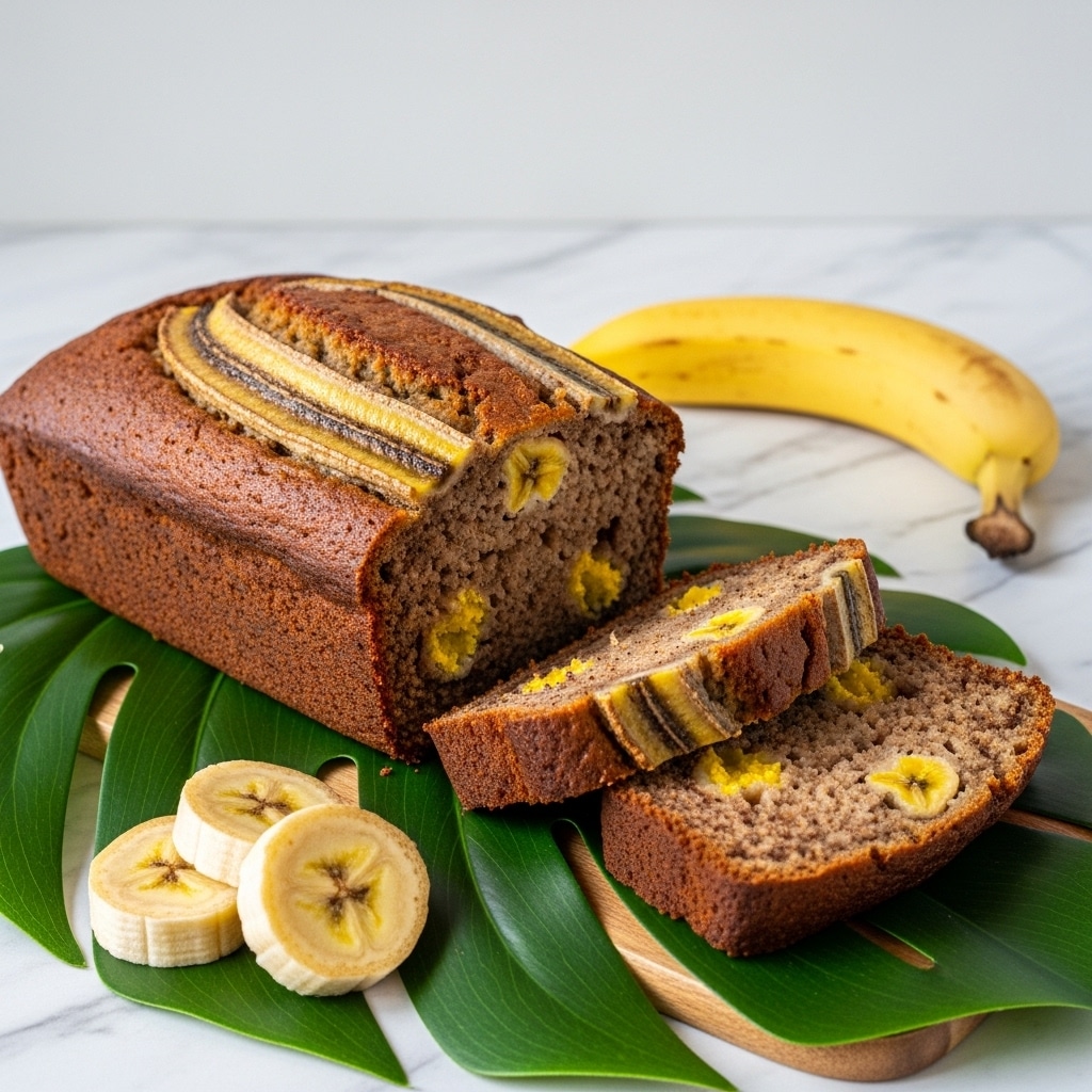 A loaf of banana bread sits on a wooden board placed on a large green leaf over a white marbled surface. The loaf has a dark golden-brown crust with a rough texture, showing visible pieces of banana and mango chunks inside. Two slices lie beside the loaf, revealing a moist and dense interior filled with yellow fruit pieces and white banana slices. In front of the board are three bright yellow jackfruit pods, and a whole ripe banana is blurred in the background. The overall setting is simple with natural colors and textures. photo taken with an iphone --ar 4:5 --v 7