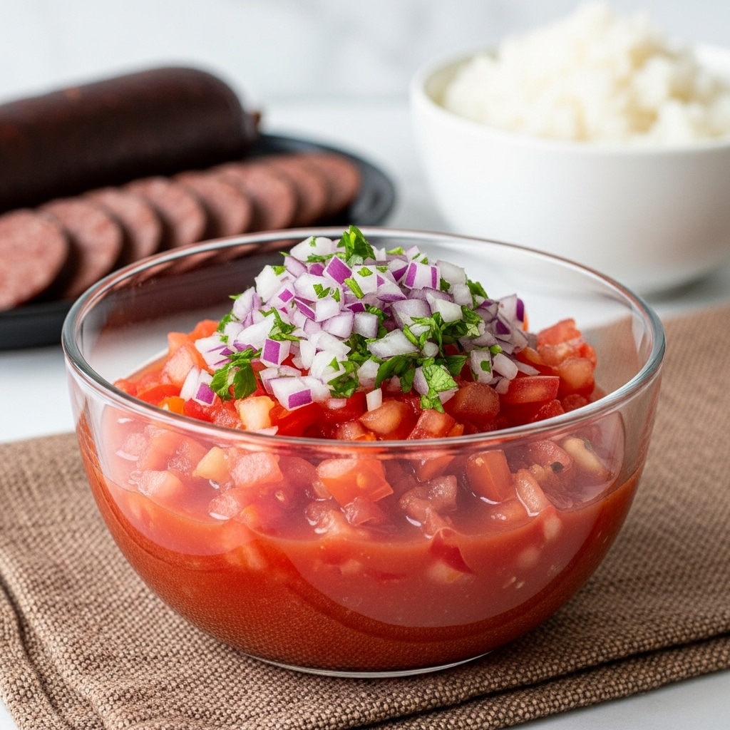 A clear glass bowl filled with fresh salsa showing two main layers: the bottom layer is a chunky red tomato sauce, and the top layer is a mix of diced bright red tomatoes, small purple onion cubes, and scattered green cilantro pieces, all mixed together with a juicy texture. The bowl is placed on a brown woven cloth, with a blurred white bowl of rice on the left and slices of dark brown sausage in a black pan in the background, all on a white marbled texture. photo taken with an iphone --ar 4:5 --v 7