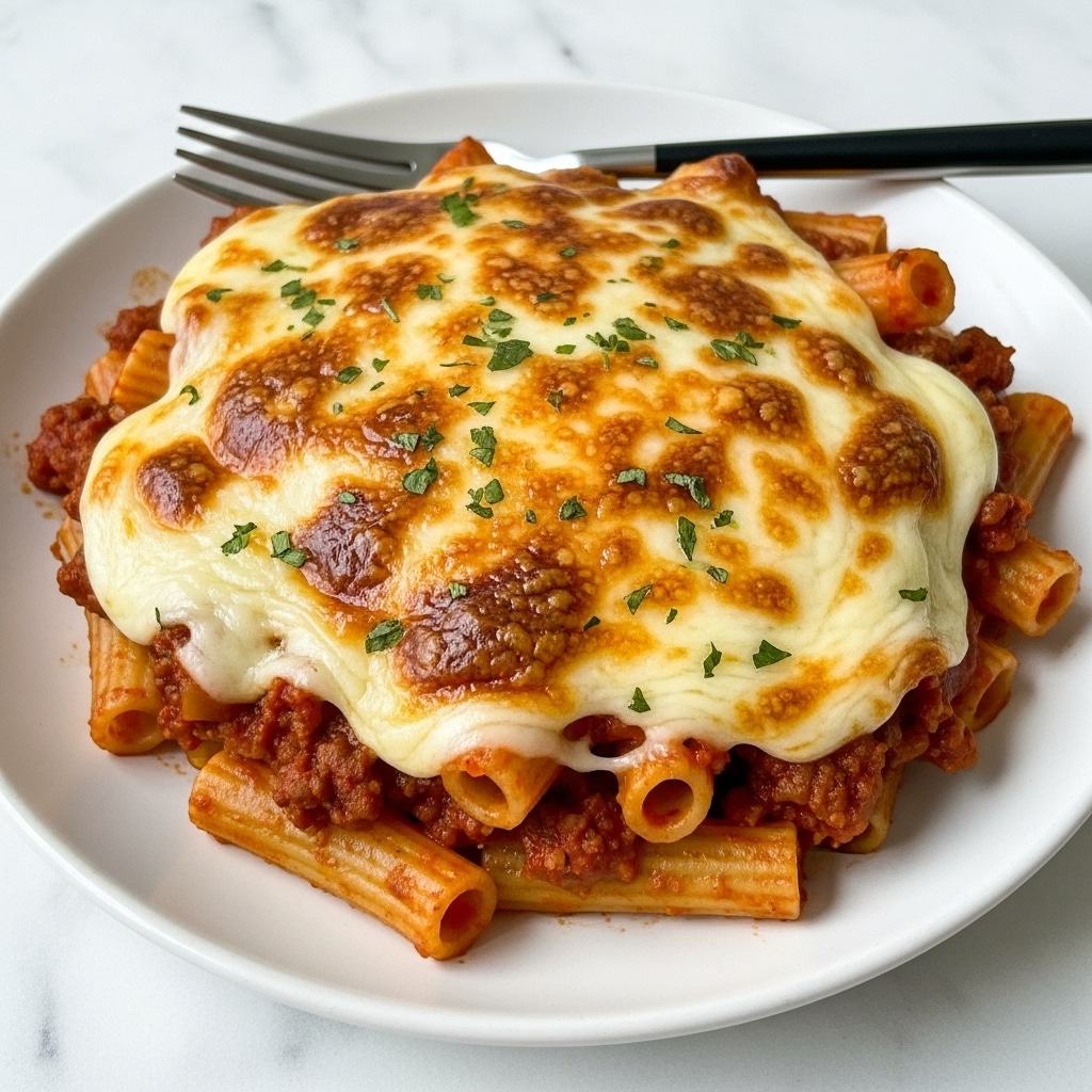 A close-up view of a slice of baked pasta on a white plate set on a white marbled surface, showing three main layers: the bottom layer of penne pasta mixed with a red meat sauce, the middle layer with chunks of ground beef and some sauce, and the top layer covered in melted golden cheese with some browned spots. Small green parsley bits are sprinkled on top of the cheese, adding a touch of color. A silver fork with a black handle rests next to the pasta on the plate. Photo taken with an iphone --ar 4:5 --v 7