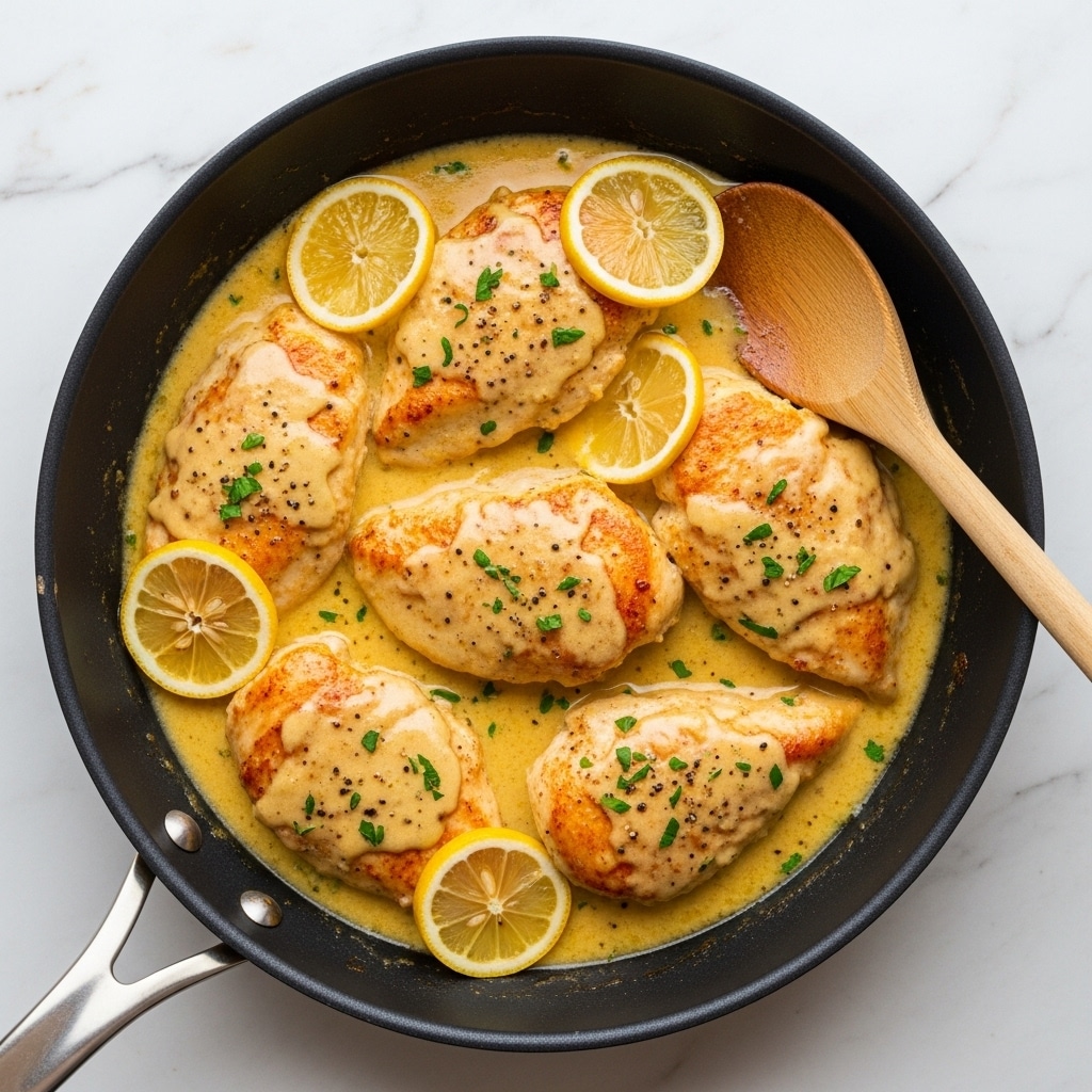 A round black pan holds five golden brown fried chicken pieces covered in thick light yellow creamy sauce with a smooth texture. Between the chicken pieces, there are three thin lemon slices with a bright yellow rind and juicy pale yellow inside. Small green parsley bits and black pepper are sprinkled on top of the sauce and chicken. A wooden spoon with a long handle rests on the right edge of the pan. The pan sits on a white marbled surface. photo taken with an iphone --ar 4:5 --v 7