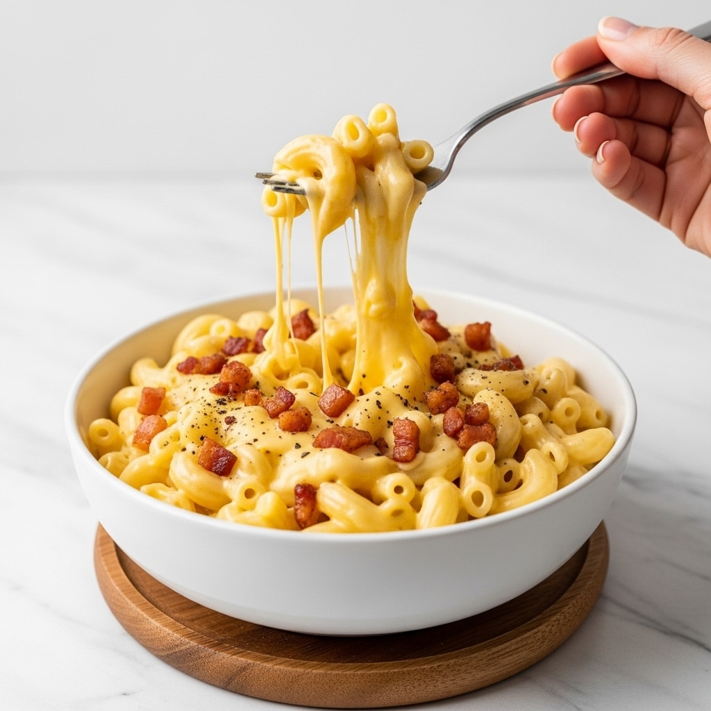 A white bowl filled with creamy macaroni and cheese shows soft, curved pasta covered in smooth, light yellow cheese sauce. Small golden brown crispy bacon bits are sprinkled on top of the pasta inside the bowl. A fork is lifting a bite of the cheesy pasta from the bowl, highlighting the thick cheesy texture holding the macaroni together. The bowl sits on a round wooden coaster, and the background is a white marbled surface. Photo taken with an iphone --ar 4:5 --v 7