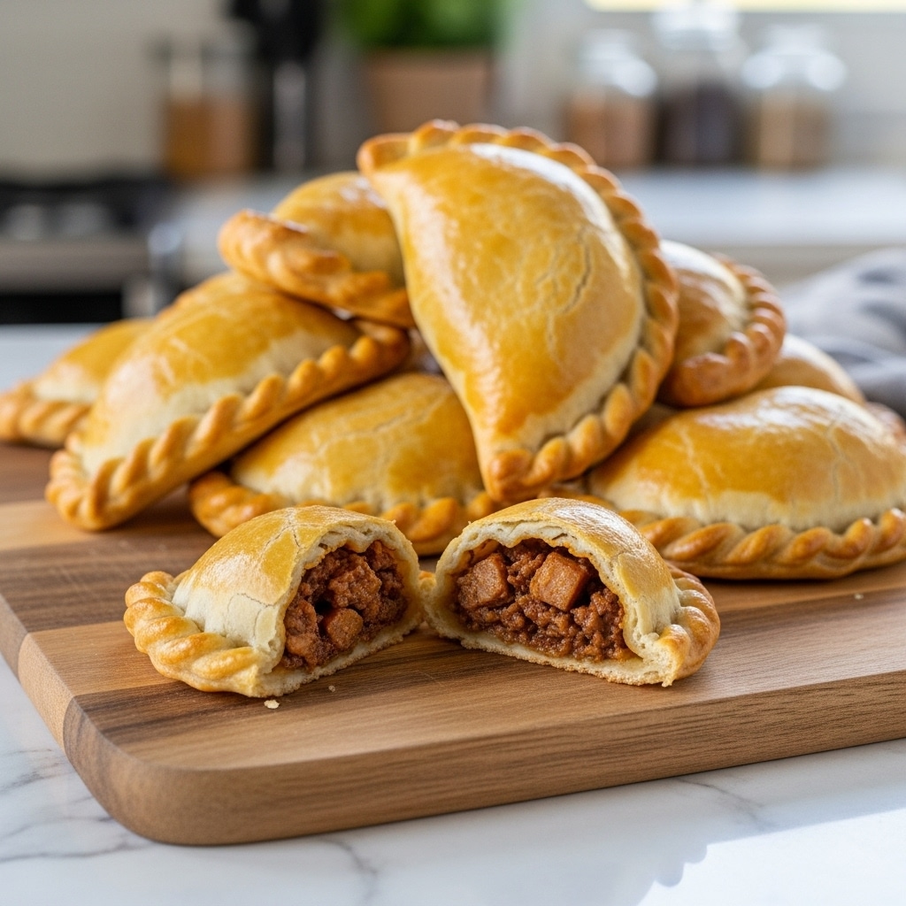 The image shows a wooden board placed on a white marbled surface holding seven golden-brown baked pastries. Six of the pastries are whole, shaped like half-moons with textured, crimped edges, and one pastry is cut in half at the front, revealing a filling made of small, dark brown chunks mixed with lighter pieces inside. The pastries have a shiny, crisp crust and are arranged in a small pile with the filled halves in front. The background is softly blurred, showing an indoor kitchen setting with neutral tones. photo taken with an iphone --ar 4:5 --v 7