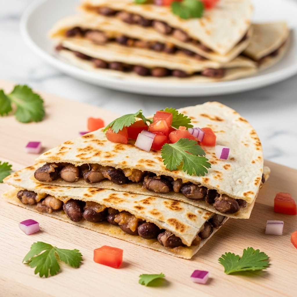 The image shows two pieces of quesadilla stacked on a light wooden board, each piece cut into a quarter circle shape with a golden, slightly toasted outer layer. Inside, the quesadilla is filled with a dark brown bean paste that creates a thick middle layer. On top of the quesadilla, small pieces of red tomato, green cilantro leaves, and bits of purple onion are scattered, adding bright pops of color. In the background, there is a white plate with more folded quesadilla pieces stacked on it, all placed on a white marbled surface. photo taken with an iphone --ar 4:5 --v 7