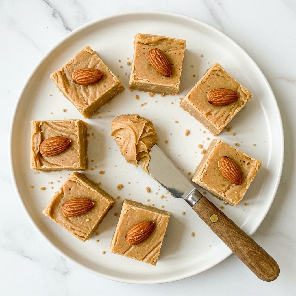 A white plate on a white marbled texture surface holds seven small square pieces of light brown fudge, each topped with a single almond. The fudge pieces have a slightly crumbly texture and are scattered with crushed nuts around them. In the center of the plate is a small wooden-handled knife with light brown fudge spread on the blade. photo taken with an iphone --ar 4:5 --v 7