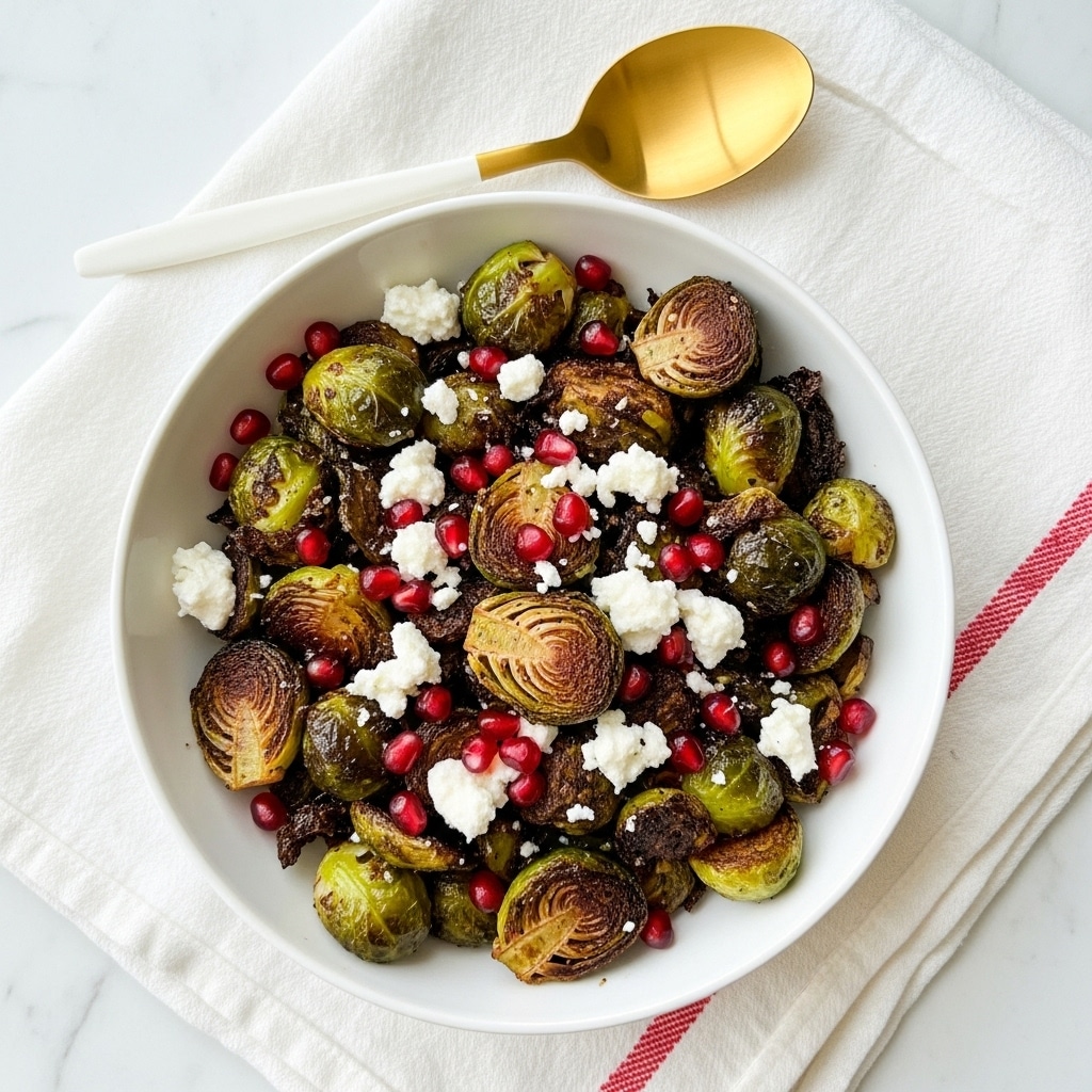 A white bowl filled with roasted Brussels sprouts that have a dark golden-brown, slightly crispy texture. On top, there is a layer of white crumbly cheese scattered unevenly over the sprouts. Bright red pomegranate seeds are spread across the bowl, adding a shiny, juicy contrast to the dish. The bowl is placed on a white marbled surface with a white cloth and red striped towel underneath, and a golden spoon rests on the towel above the bowl. Photo taken with an iphone --ar 4:5 --v 7