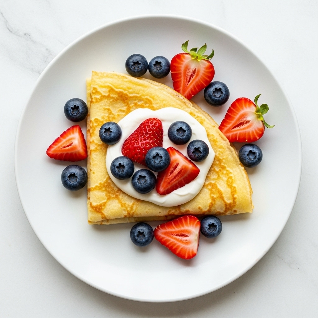 A single folded, golden-brown crepe sits slightly off-center on a large white plate, topped with a dollop of white whipped cream. Fresh whole blueberries and halved strawberries with bright red and juicy textures are scattered both on the whipped cream and around the crepe, creating a colorful contrast. The plate is placed on a white marbled surface, adding a clean and fresh look to the setting. photo taken with an iphone --ar 4:5 --v 7