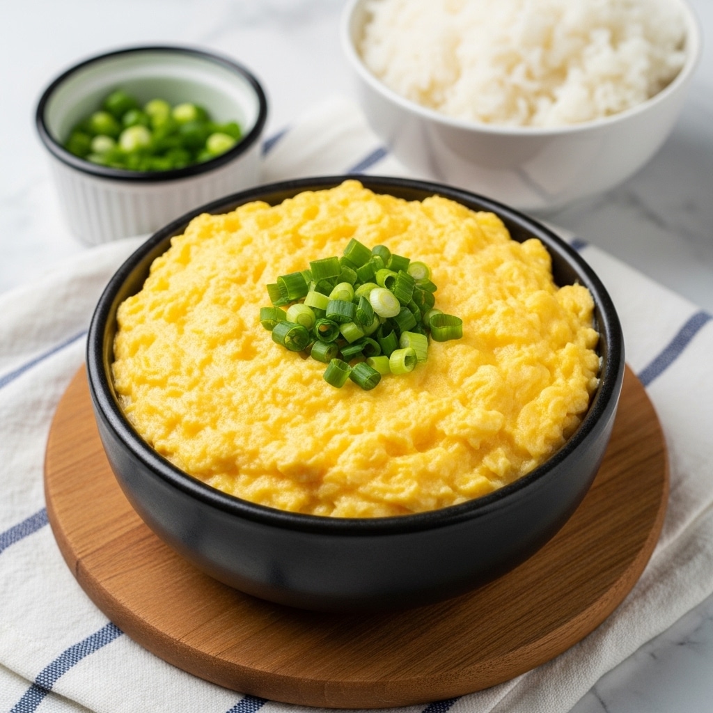 The image shows a black bowl placed on a wooden board with a yellow scrambled egg dish inside. The eggs look soft and slightly runny with a smooth, creamy texture, topped with small pieces of chopped green onions in the center. To the left, there is a small white bowl filled with more chopped green onions, and on the right, a white bowl contains white rice with a few black sesame seeds sprinkled on top. All items rest on a white marbled surface covered partially with a white cloth with blue stripes and a dark blue cloth on the right side. photo taken with an iphone --ar 4:5 --v 7