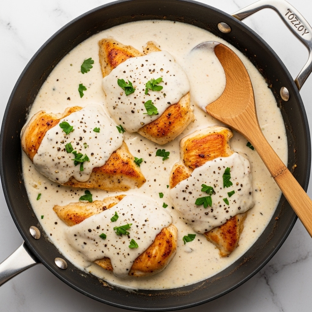 The image shows four golden-brown chicken breasts in a black skillet, covered with a thick, creamy light beige sauce with specks of black pepper and herbs. The sauce partially coats the chicken, leaving some browned areas visible. Small green parsley flakes are sprinkled over the dish, adding contrast to the creamy texture. A wooden spoon rests on the right side of the skillet, partly submerged in the sauce. The skillet sits on a white marbled surface with a small slice of lemon visible at the top left corner. photo taken with an iphone --ar 4:5 --v 7