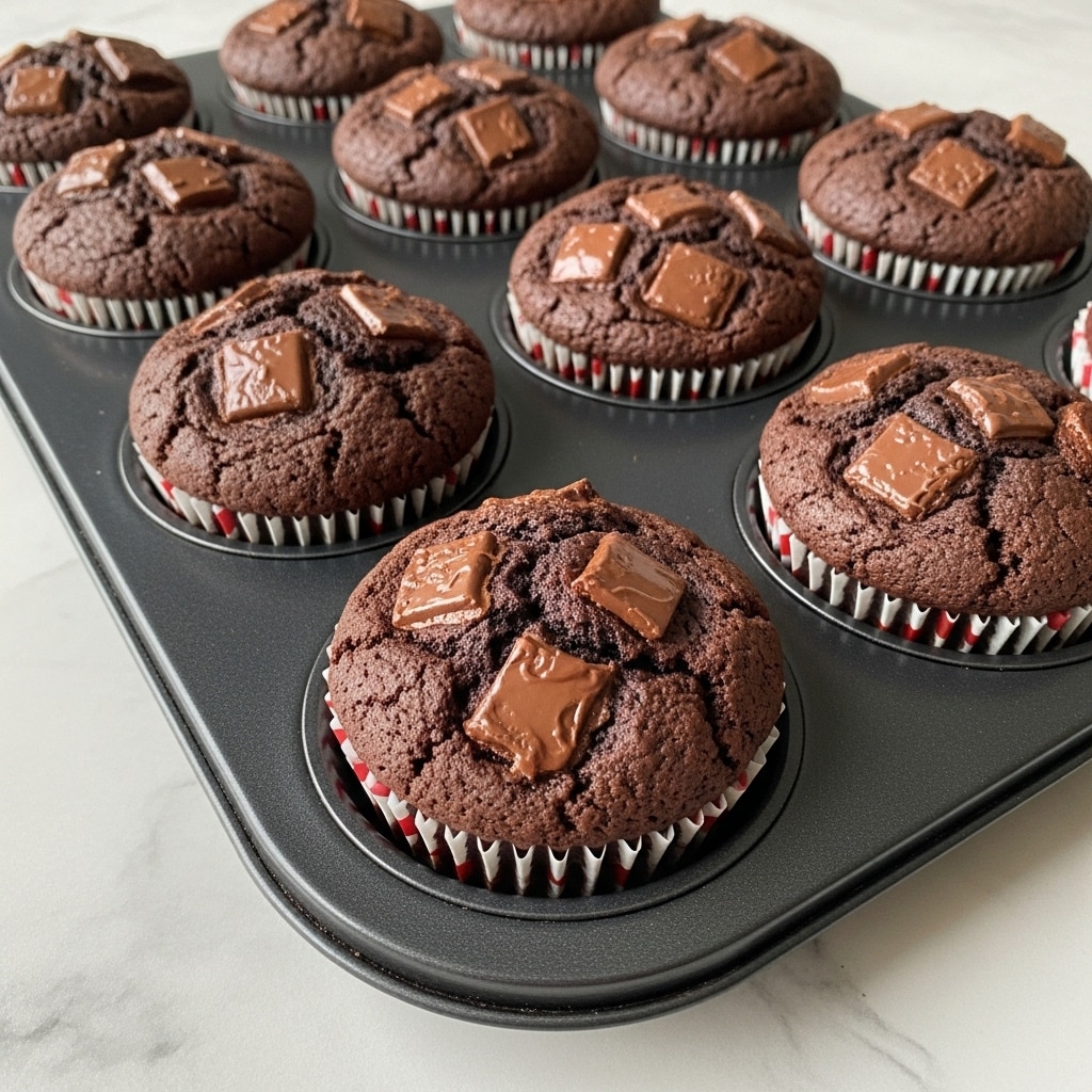 The image shows a black metal muffin tray filled with freshly baked chocolate muffins. Each muffin has a rich, dark brown color with a slightly cracked, shiny top texture and large chunks of melted chocolate embedded on the surface. The muffins are placed in white cupcake liners with subtle ridges visible around the edges. The tray sits on a white marbled surface, enhancing the contrast with the dark muffins. Photo taken with an iphone --ar 4:5 --v 7