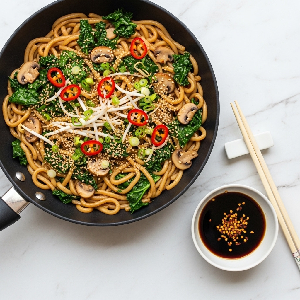 The image shows a black pan filled with thick cooked noodles in a light brown sauce as the base layer. Mixed in are sautéed green kale leaves and sliced light brown mushrooms. On top, there are bright red chili slices, thinly sliced green onions, and small white bean sprouts scattered around. White sesame seeds are sprinkled all over the dish. The pan sits on a white marbled surface. Nearby, a small white bowl contains a dark reddish-brown dipping sauce with visible red chili flakes, and a pair of wooden chopsticks rests on a white chopstick holder. photo taken with an iphone --ar 4:5 --v 7