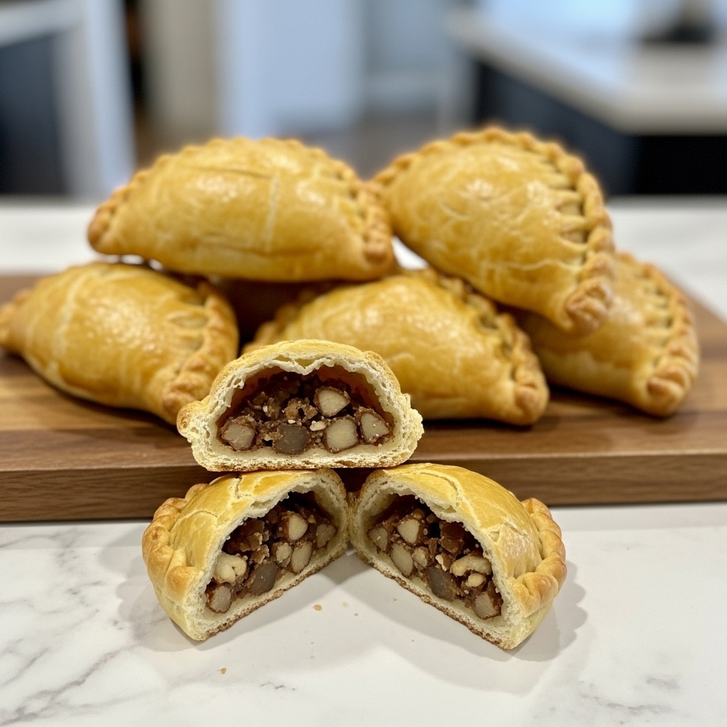 The image shows a wooden cutting board on a white marbled surface holding a pile of seven golden-brown baked empanadas. Six of the empanadas are whole, with a crisp, crimped edge and a shiny, flaky crust. One empanada is cut open in front, revealing a dark brown filling with small chunks, looking moist and textured. The background is softly blurred with kitchen items and a window, adding a warm and cozy kitchen feel. photo taken with an iphone --ar 4:5 --v 7