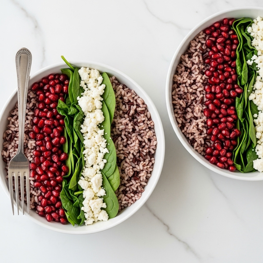 Two white bowls with a mix of colorful ingredients sit on a white marbled surface. Each bowl has four main layers: a base of bright green spinach leaves on one side, a chunk of soft white cheese beside the spinach, a heap of dark reddish-brown rice next to the cheese, and bright red pomegranate seeds filling the remaining space. There is also a layer of diced orange mango pieces between the rice and the pomegranate seeds. A silver fork rests on the edge of the right bowl, touching the rice. The background is a white marbled texture. photo taken with an iphone --ar 4:5 --v 7