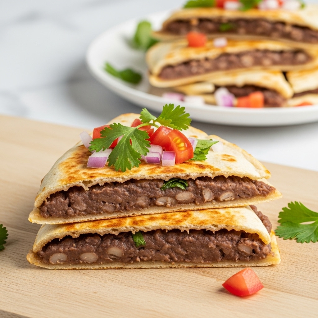 The image shows two pieces of quesadilla stacked slightly overlapping on a light wooden board. Each quesadilla has a thin, soft, golden tortilla with small brown toasted spots, filled with a dark bean mixture that can be seen along the middle layer. The top layer has small pieces of diced red tomato and green cilantro leaves scattered, adding bright color contrast on the pale tortilla. Around the quesadilla on the board are some small bits of chopped red onion and cilantro. In the background, a white plate holds additional quesadilla pieces stacked on top, placed on a white marbled surface. photo taken with an iphone --ar 4:5 --v 7