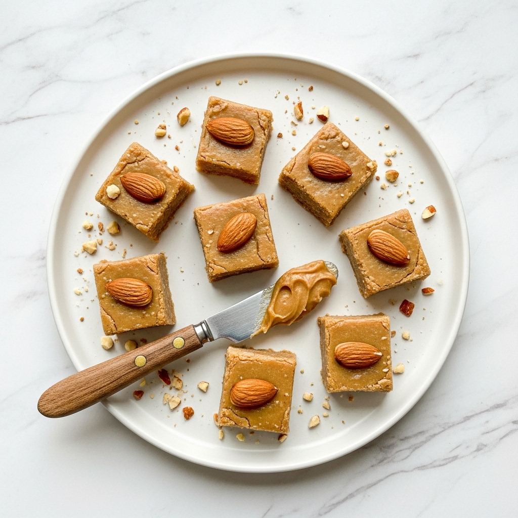 A white plate holds six small square pieces of light brown fudge, each topped with a whole almond. The fudge looks soft and slightly crumbly, with some crumbs scattered around on the plate. In the center of the plate, there is a spreader knife with a wooden handle resting with a dollop of the same light brown fudge on its tip. The background is a white marbled surface. photo taken with an iphone --ar 4:5 --v 7