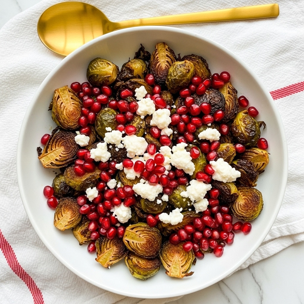A white bowl filled with a mix of roasted Brussels sprouts, showing a dark brown crispy outside and bright green inside, topped with white crumbled cheese and scattered red pomegranate seeds. The bowl is placed on a white cloth with a red stripe, which lies on a white marbled surface. A gold spoon rests on the cloth above the bowl. photo taken with an iphone --ar 4:5 --v 7
